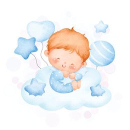 watercolor illustration cute baby boy sitting on the cloud 