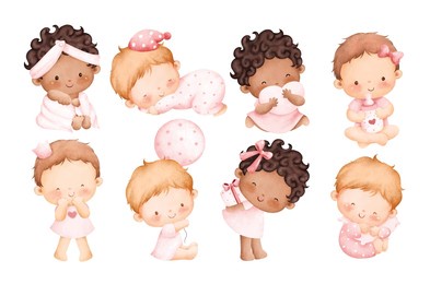 watercolor illustration set of cute baby girl 