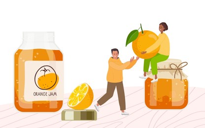 homemade preparations and canning. orange jam in glass jars, fresh fruit, tiny people on table. canned orange fruits. jam in jars. fruit conservation. farmer market branding. organic food template