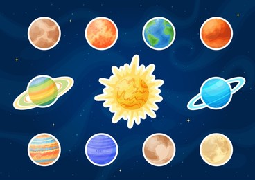 cartoon sun and solar system planets concept art stickers set, comic round astronomical objects vector illustration label, flat celestial objects graphic patch collection on blue cosmic background