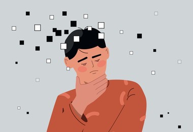 memory loss concept. man unable to remember anything. problems with health and functioning of brain, amnesia after head injury. guy with dementia or alzheimer disease. cartoon flat vector illustration
