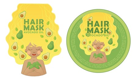 avocado hair product design, fruit treatment label vector illustration, hair mask with cute girl beauty product, natural conditioner template with curly cartoon woman image