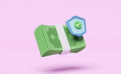 3d shield with banknote stack icon, checkmark isolated on pink background. economic movements or business finance saving money, financial business protection concept, 3d render illustration 