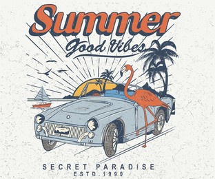 good vibes vintage vector design. holliday road trip by vehicle. california surfing club vector artwork for apparel, stickers, posters, background and others. flamingo design.