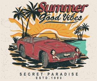 summer good vibes vintage vector design.  beach sunset vector artwork for apparel, stickers, posters, background and others. holliday road trip by vehicle.