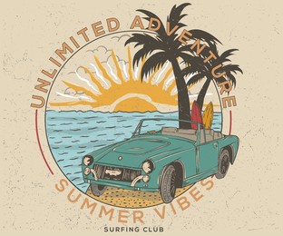 holliday road trip by vehicle. beach sunset vector artwork for apparel, stickers, posters, background and others. beach adventure. summer vibes vintage vector design. 