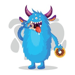 donut-eating blue monster vector, cute hungry monster character cute. simple cartoon mythological animal, for the purposes of icons, games, symbols, characters, extraterrestrial animals
