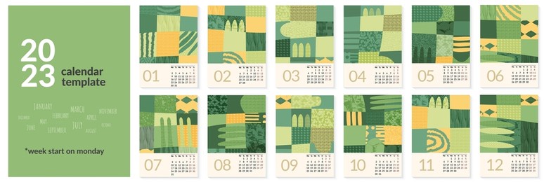 2023 calendar template with abstract green nature field landscape. simple eco environment background. calendar design concept with agriculture theme. set of 12 months 2023 pages. vector illustration