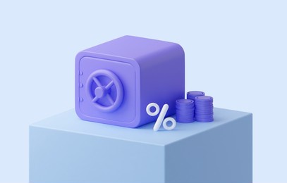 a closed purple safe with a stack of coins. 3d rendering