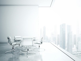 white meeting room with panoramic cityscape