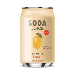 soda drink contained in metallic can with lemon fruits, 3d realistic yellow can, summer drink, package design, vector