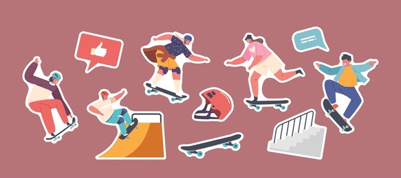 set of stickers children skating on longboards. teen kids skaters, boys and girls, protective helmet, quarter pipe ramp, children sport stunts and tricks on skateboards. cartoon people vector patches