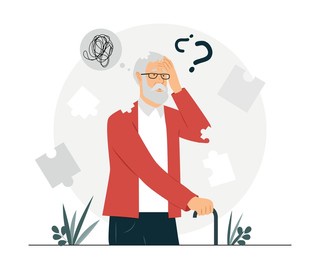 alzheimer disease concept. elderly man forgot dear, grandfather with amnesia or dementia. brain problems and memory lapses, medical poster or banner for website. cartoon flat vector illustration