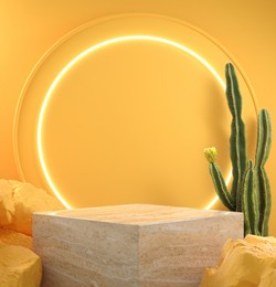 3d rendering modern minimal mockup display podium, rock nature, cactus tropic, light circle, yellow abstract background