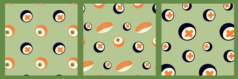 sushi seamless pattern set, sushi rolls texture, japanese cuisine background, wallpapers, ornament. flat vector illustration for wrapping paper, packaging, fabric, cover design of tuna, salmon rolls