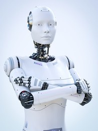 3d rendering of an android robot woman standing with her arms crossed. light bluish background. artificial intelligence or virtual assistant concept.
