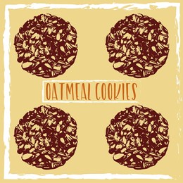 illustration with chocolate oatmeal cookies and the inscription oatmeal cookies. label for packaging chocolate oatmeal cookies. vector background