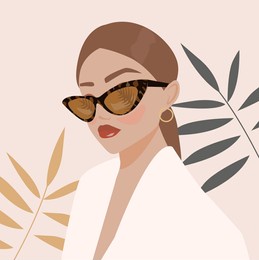 fashionable business lady in sunglasses and a jacket. a woman in a summer look. tropical leaves are reflected in the glasses. avatar for social networks. office style. portrait of a good girl