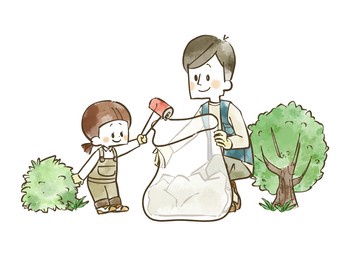 illustration of a parent and child picking up trash