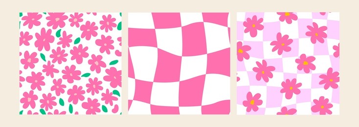 set of hippie and groovy seamless patterns with colorful daisy flowers and distorted cage in pink colors. fashionable background in 00s, 90s, y2k style. 