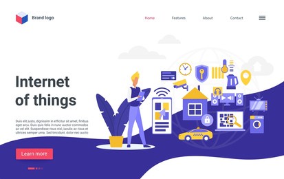 internet of things technology illustration. cartoon user man character using smart home control system, cloud service with smartphone mobile device in hands, iot connection concept landing page