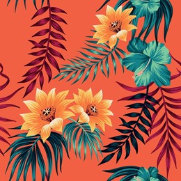 tropical vintage exotic lotus flower, palm leaves floral seamless pattern red background. hawaiian jungle wallpaper.	