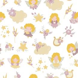 seamless pattern with angels, harps and flowers. design for fabric, textile, wallpaper, packaging.	