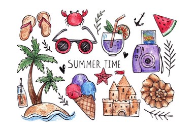 summer icons set. beach vacation. sea, palm trees, cooling cocktails. summer vacation. doodle illustration for printing on postcards, souvenirs, stickers.