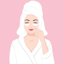 smiling girl applying daily facial eye mask in bathrobe skincare nature beauty spa salon concept, beauty model with perfect fresh skin cares about her skin at home
