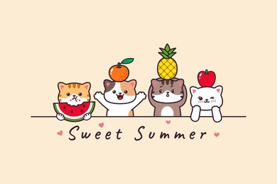 cute cat cartoon drawing with orange, pineaplle, apple,watermelon fruits summer banner background