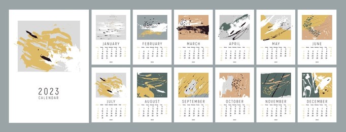 2023 сalendar design. week starts on sunday. calendar design 2023. editable calender page template a4, a3.  abstract artistic vector illustrations. pastel background. set of 12 months.