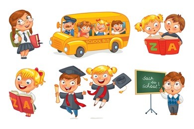back to school. pupils in school uniform. children ride the school bus. schoolgirl reading a book. schoolboy writing on the chalkboard. vector illustration isolated on white background. set