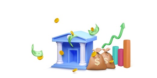 3d bank building with money bag and falling gold coin and paper green dollars. chart with growth arrow on background. banking and investment concept. business objects template. vector illustration