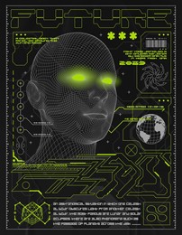 poster low poly head, 3d human face mesh structure. in futuristic style, with techno design elements, print for a clothing brand, t-shirts, hoodies, banners