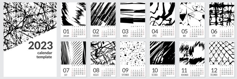 vertical wall calendar template for 2023 year. set of 12 months. week starts on sunday. planner in minimalist style with place for photo. vector editable corporate and business calendar page template