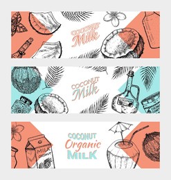 coconut cards. palm leaf, milk packaging, glass bottle, butter, cosmetic cream jar, cocktail with umbrella. poster or banner. vintage style. tropical food illustration