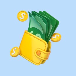 3d cartoon wallet with dollar banknotes and coins. cash in purse. money saving concept. business financial investment. online payment and cashback. vector 3d illustration

