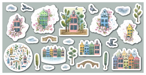 blank for a set of stickers on the theme of an old european city. with houses, flowers, bridges, pigeons, clouds, trees. watercolor illustration.