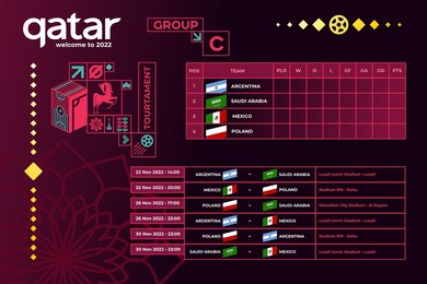 travel to qatar. vector illustration purple background. national colors. lettering welcome to qatar. world of qatar pattern with modern and traditional elements.