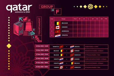 travel to qatar. vector illustration purple background. national colors. lettering welcome to qatar. world of qatar pattern with modern and traditional elements.