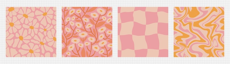 groovy summer seamless pattern set - floral, checkered, marble. funky retro aesthetic prints for modern fabric design with melting organic shapes.