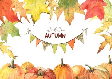 hello autumn, fall watercolor background, maple leaves with orange pumpkins, harvest