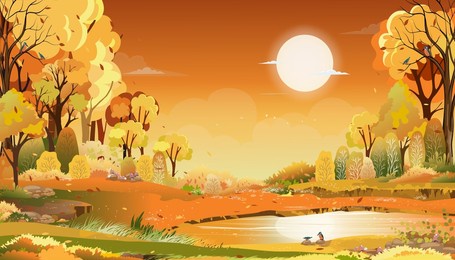 autumn rural landscape in evening light with sunset, yellow,orange sky background,vector cartoon fall season at countryside with forest tree and grass field with sunrise,backdrop natural banner 