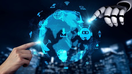 futuristic robot artificial intelligence enlightening ai technology development and machine learning concept. global robotic bionic science research for future of human life. 3d rendering graphic.