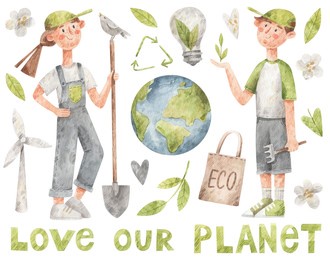 happy boy and girl with rake and shovel. watercolor set of illustrations. environmental symbols. boy and girl care about ecology. hand-drawn child, ecological inventions and green leaves