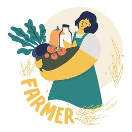 portrait of a woman who holds a basket with local products in her hands: fruits, vegetables, milk. farmer, farm products. for poster, label, packaging and more