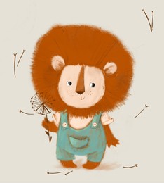 sweet cute cartoon lion cat illustration clip art playing with dandelion smiling character wearing adorable costume smiling cat safari african animal