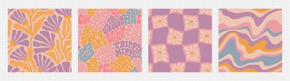 y2k groovy summer seamless pattern set - floral, lettering, checkered, marble. funky retro aesthetic prints for modern fabric design with melting organic shapes.