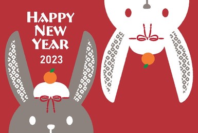 new year's card for the year 2023 illustration of a black rabbit and a white rabbit with rice cakes and oranges