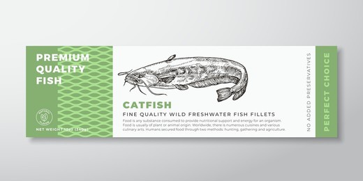 premium quality catfish vector packaging label design. modern typography and hand drawn freshwater fish silhouette seafood product background layout